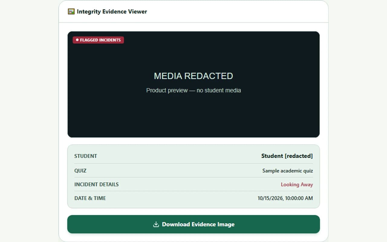 ProctorShieldAI Teacher Evidence Review showing demo incident details, redacted identity, and an opaque media placeholder.
