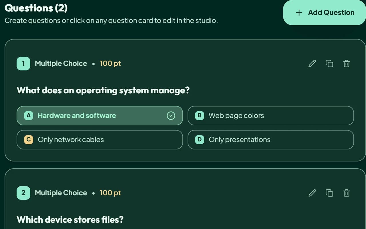 ProctorShieldAI quiz editor showing sample questions and answer choices.
