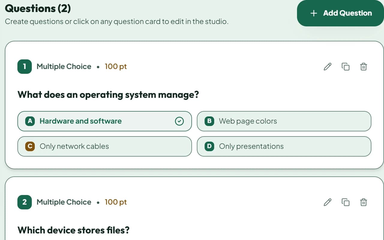 ProctorShieldAI quiz editor showing sample questions and answer choices.